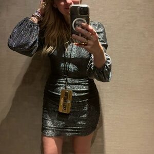 Greylin Metallic Black Ruched Mini Dress